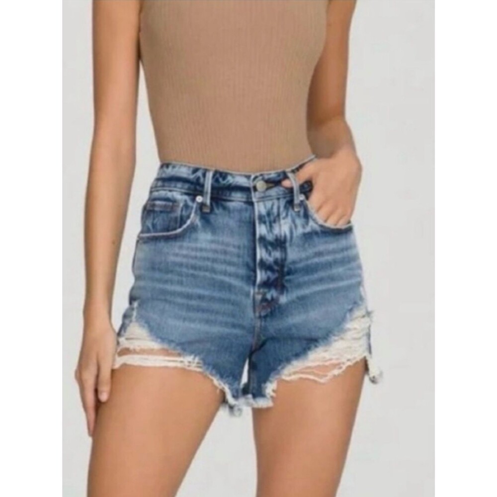 Good American Bombshell Distressed Denim High Waist Jean Shorts Size 16